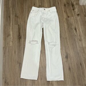 Zara White Distressed Straight Leg Jeans Button Fly Size 6 High Rise